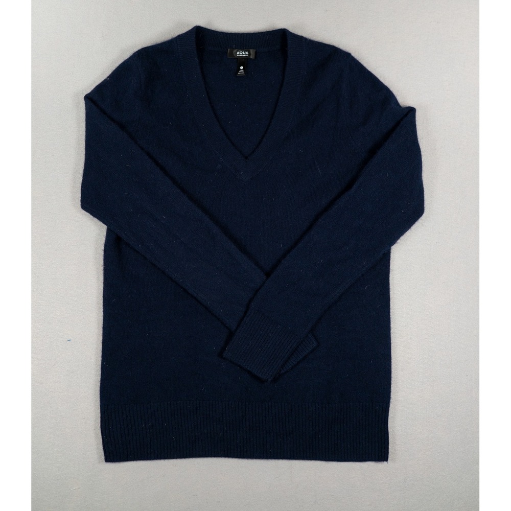 AQUA Cashmere Navy Blue V-Neck Long Sleeve Sweater 100% Cashmere Knit Men's S